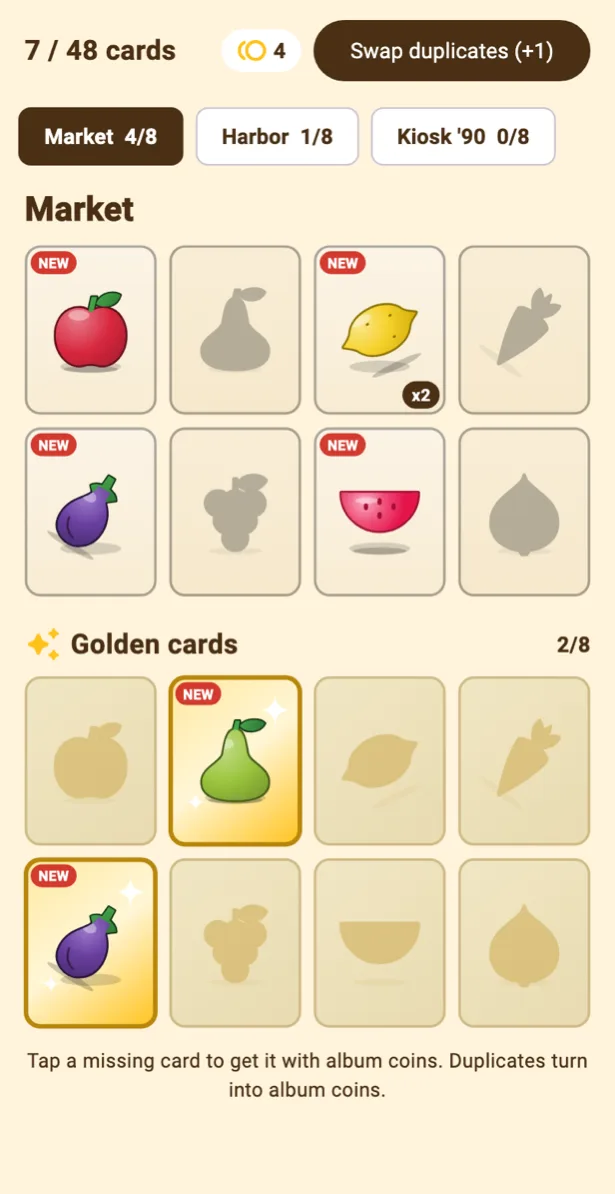Collection album with cards of fruit and vegetables