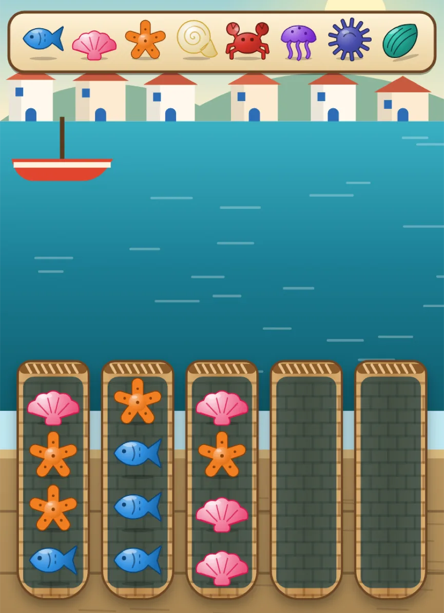 Harbor world: crates of fish, shells and starfish beside a blue sea and a small boat
