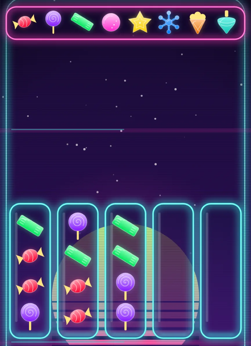 Kiosk '90 world: glowing crates with wrapped sweets and lollipops under a retro sunset