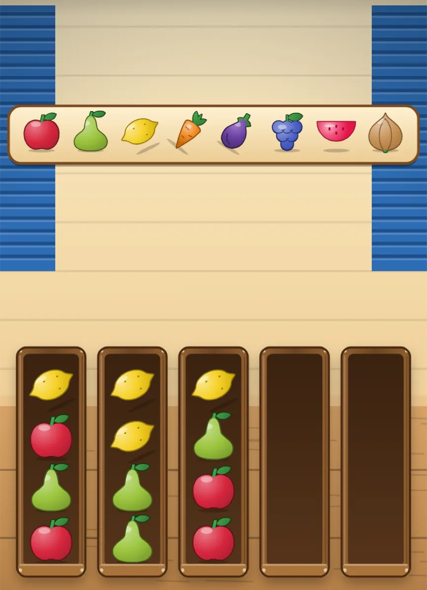 Market world: wooden crates holding apples, pears and lemons on a market stall